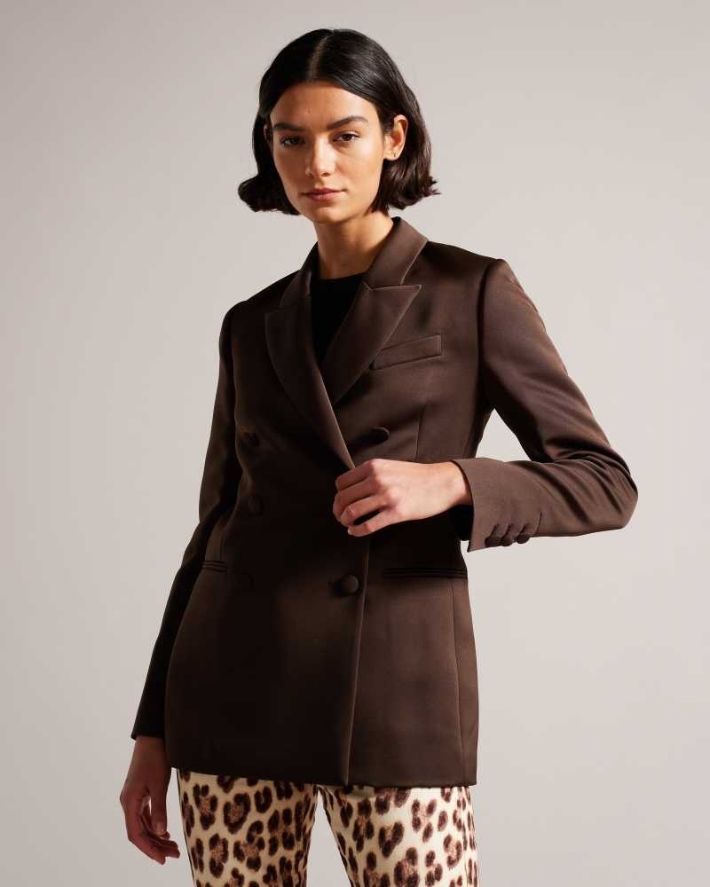 Dark Brown Ted Baker Seraph Double Breasted Satin Boyfriend Blazer | US0000179