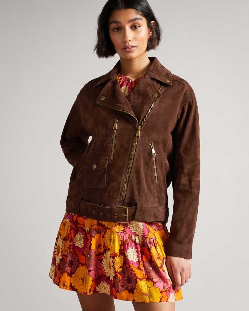 Dark Brown Ted Baker Tiffniy Suede Oversized Biker Jacket Jackets | US0000260