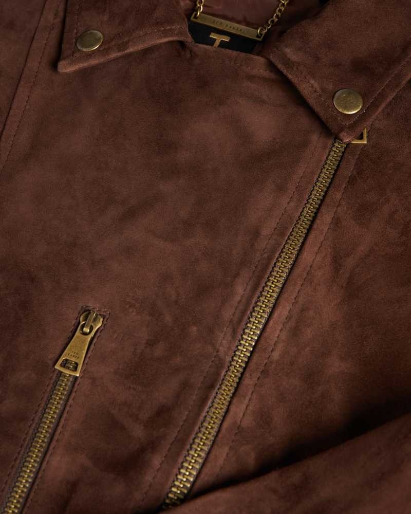 Dark Brown Ted Baker Tiffniy Suede Oversized Biker Jacket Jackets | US0000260