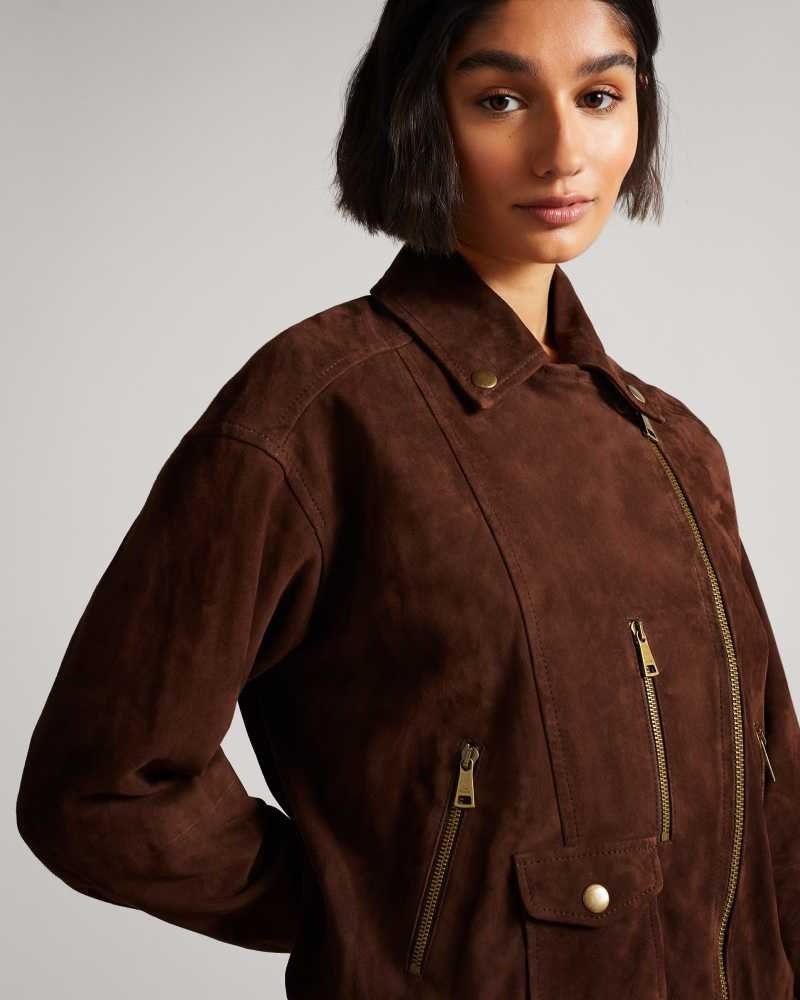 Dark Brown Ted Baker Tiffniy Suede Oversized Biker Jacket Jackets | US0000260