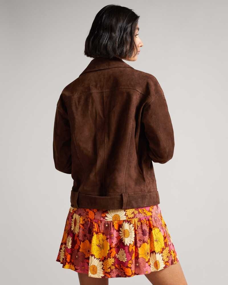 Dark Brown Ted Baker Tiffniy Suede Oversized Biker Jacket Jackets | US0000260