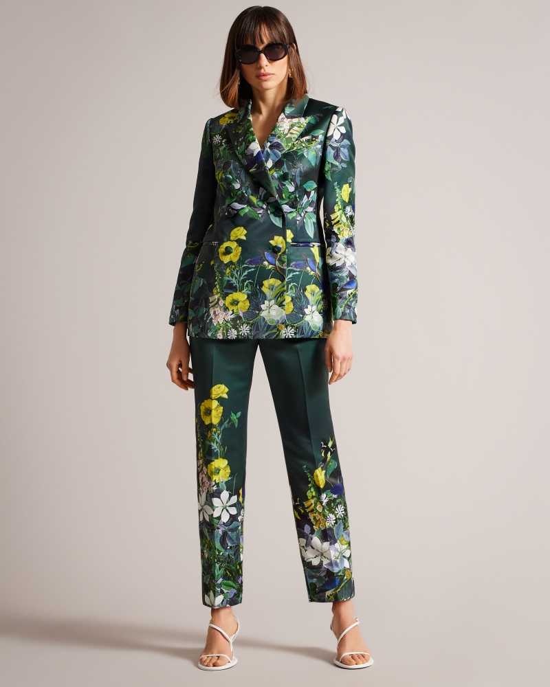 Dark Green Ted Baker Aikaa Printed Satin Double Breasted Jacket | US0000741