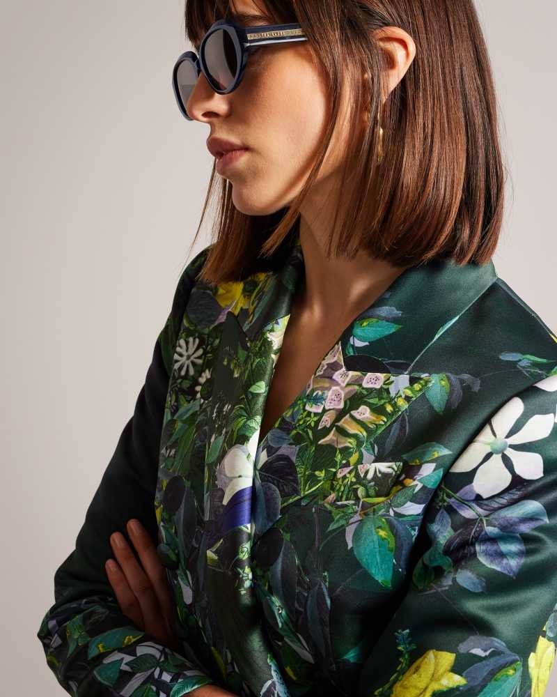 Dark Green Ted Baker Aikaa Printed Satin Double Breasted Jacket | US0000741