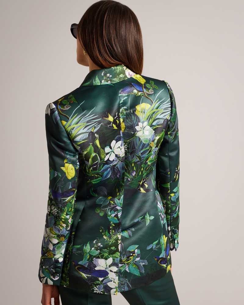 Dark Green Ted Baker Aikaa Printed Satin Double Breasted Jacket | US0000741