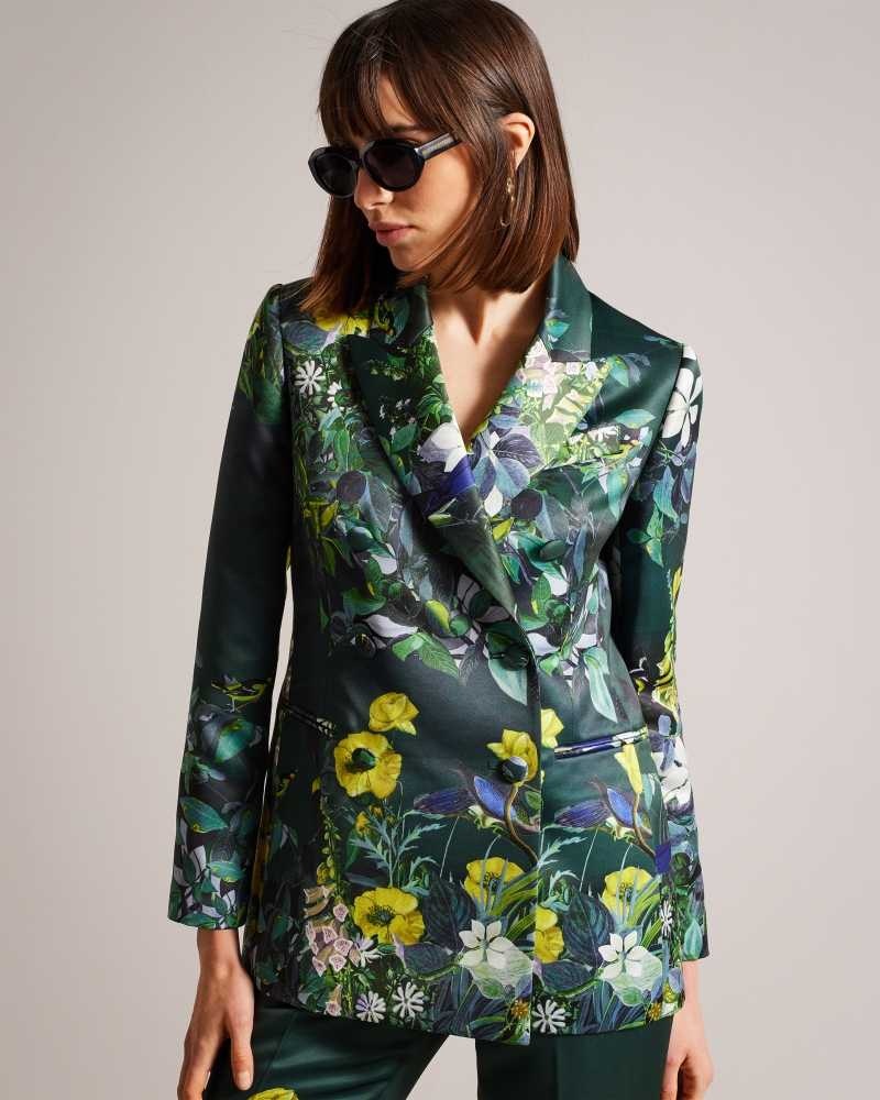 Dark Green Ted Baker Aikaa Printed Satin Double Breasted Jacket | US0000741