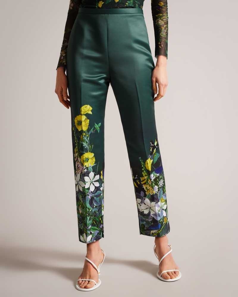 Dark Green Ted Baker Aikaat High Rise Cropped Botanical Trousers | US0001137