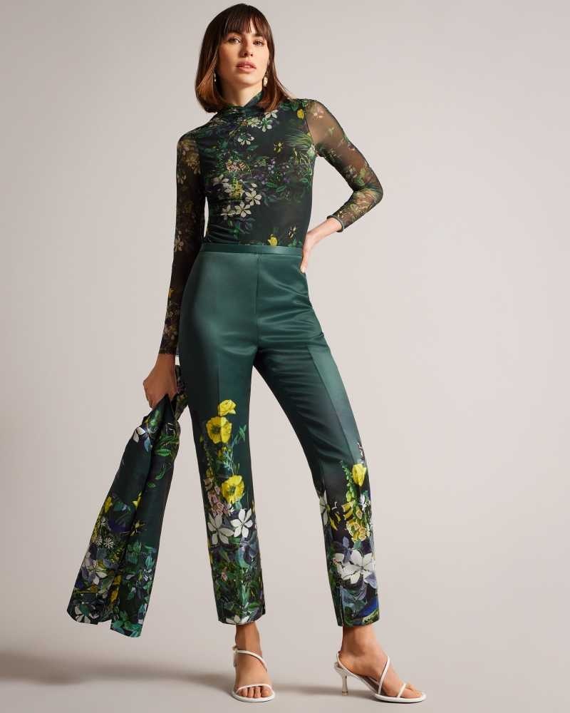 Dark Green Ted Baker Aikaat High Rise Cropped Botanical Trousers | US0001137