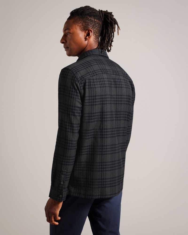 Dark Green Ted Baker Chieti Long Sleeve Textured Check Shirt | US0000654