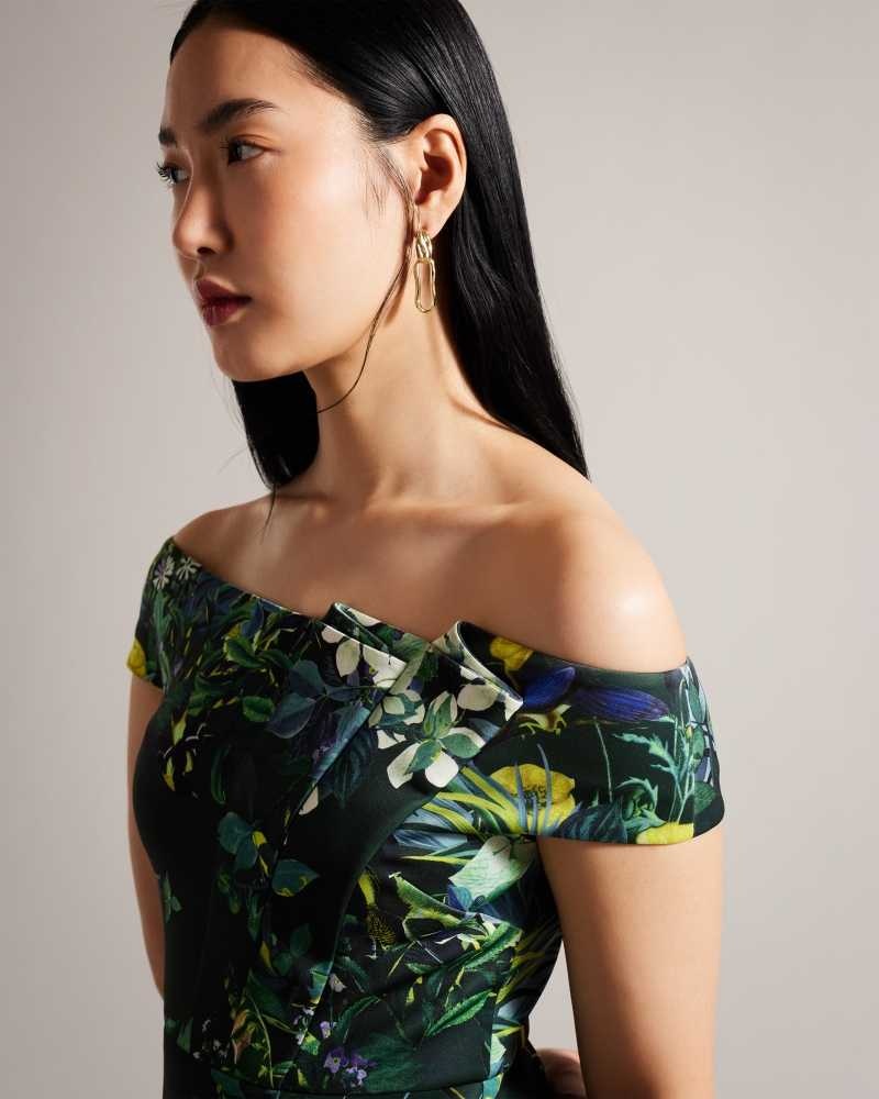 Dark Green Ted Baker Divena Floral Pleated Bardot Bodycon Dresses | US0000143