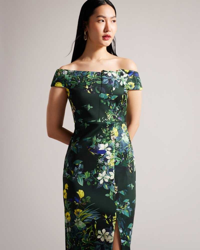 Dark Green Ted Baker Divena Floral Pleated Bardot Bodycon Dresses | US0000143