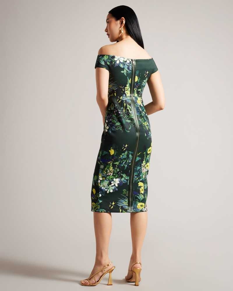 Dark Green Ted Baker Divena Floral Pleated Bardot Bodycon Dresses | US0000143