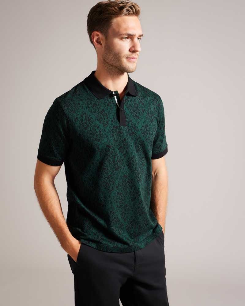 Dark Green Ted Baker Ealis Short Sleeve Jacquard Polo Shirt | US0000508