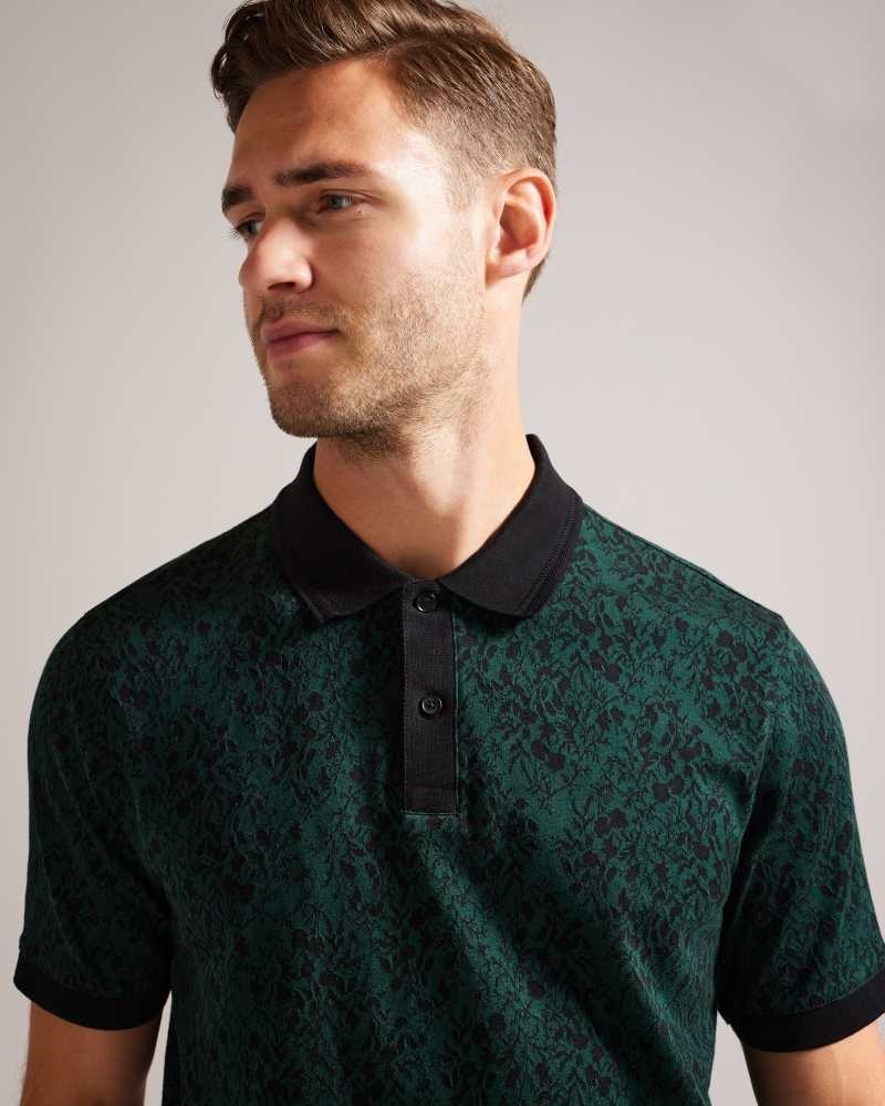 Dark Green Ted Baker Ealis Short Sleeve Jacquard Polo Shirt | US0000508