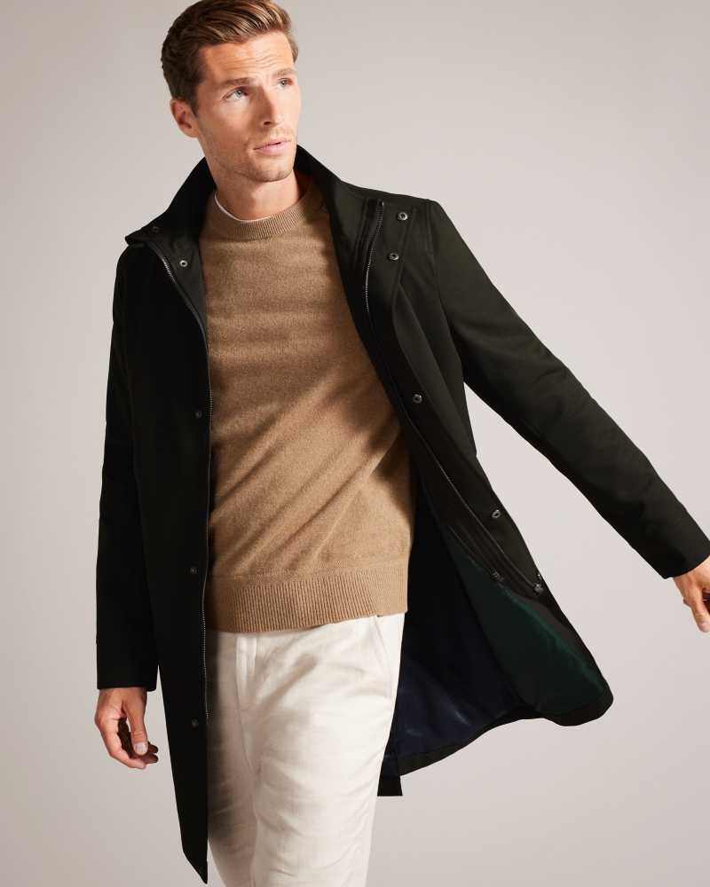 Dark Green Ted Baker Erolson Longline Funnel Neck Coat Coats | US0000199