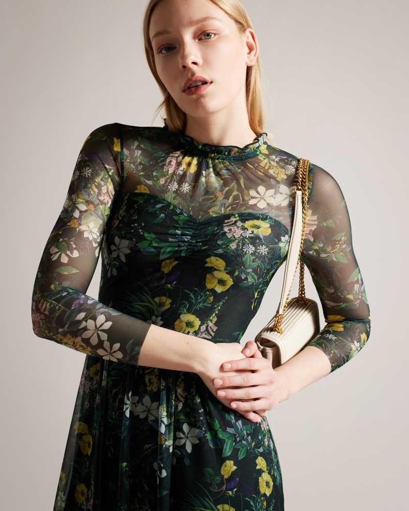 Dark Green Ted Baker Iilah Botanical Print Mesh Midi Dresses | US0000141