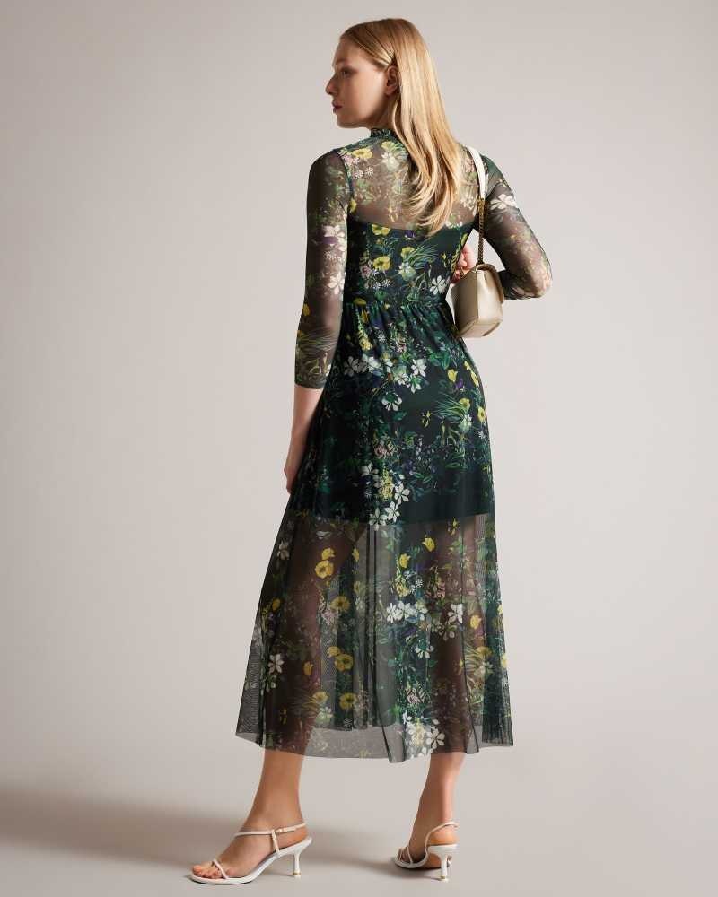 Dark Green Ted Baker Iilah Botanical Print Mesh Midi Dresses | US0000141