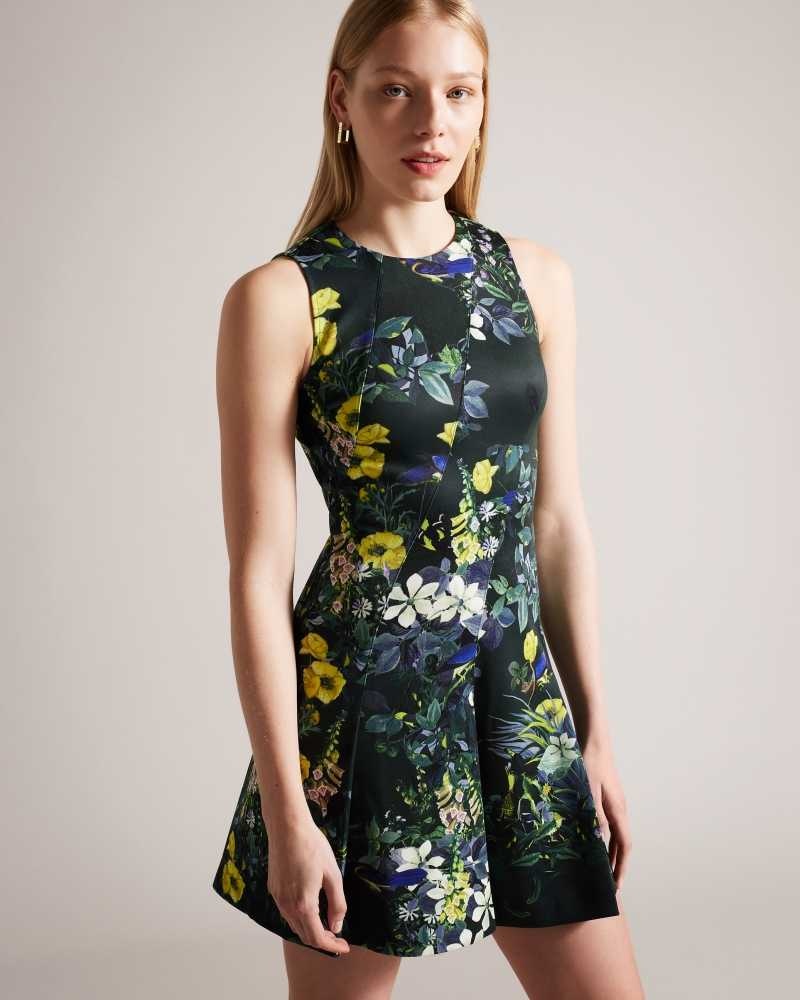 Dark Green Ted Baker Lexiya Printed Neoprene Skater Dresses | US0000171