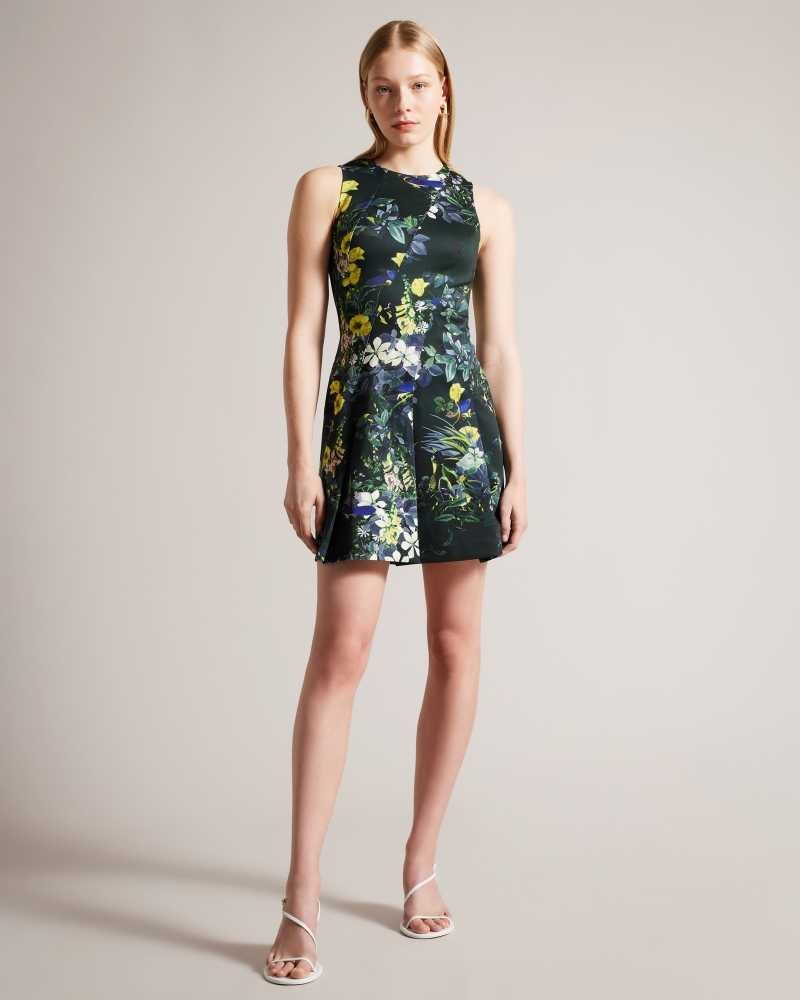 Dark Green Ted Baker Lexiya Printed Neoprene Skater Dresses | US0000171