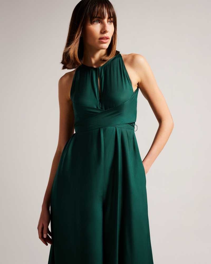 Dark Green Ted Baker Meriahh Halter Neck Jumpsuit With wrap Bodice | US0000428