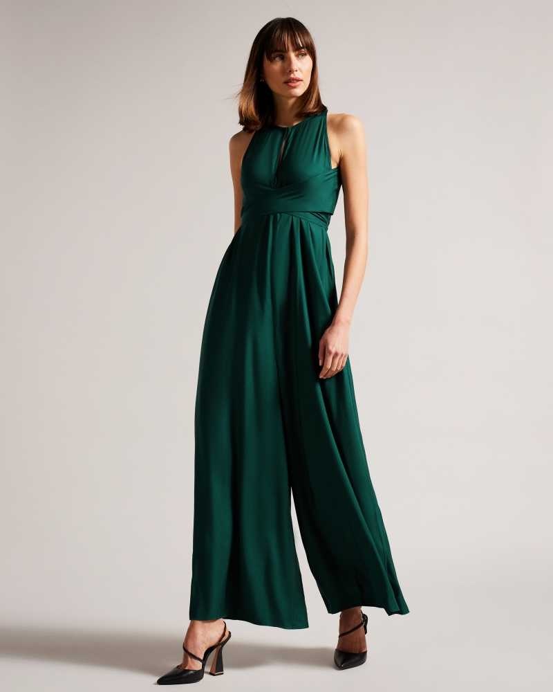 Dark Green Ted Baker Meriahh Halter Neck Jumpsuit With wrap Bodice | US0000428