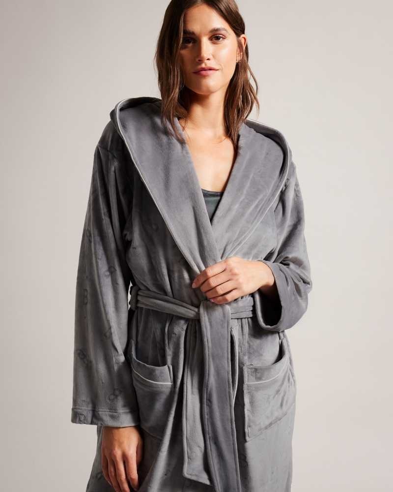 Dark Grey Ted Baker Slepsil Long Plush Hooded Dressing Gown | US0000451