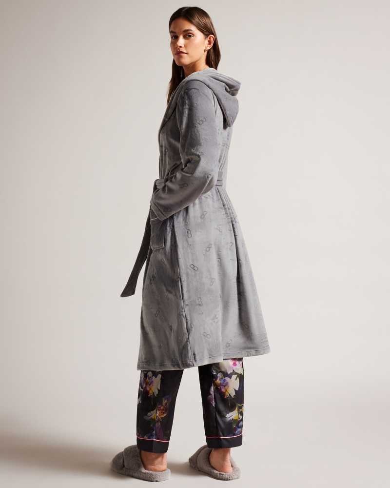 Dark Grey Ted Baker Slepsil Long Plush Hooded Dressing Gown | US0000451