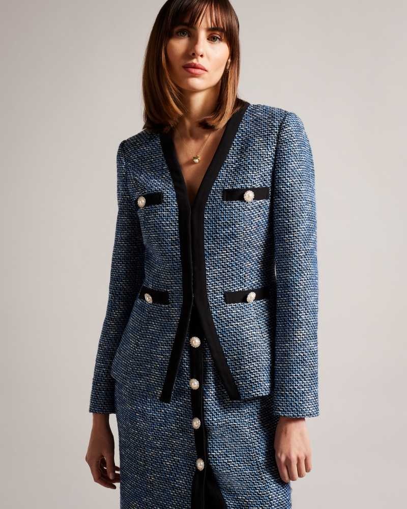 Dark Navy Ted Baker Diniia V Neck Boucle Jacket | US0000739