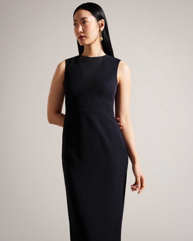 Dark Navy Ted Baker Elissii Midi Bodycon Dresses With Sheer V-Neck | US0000133