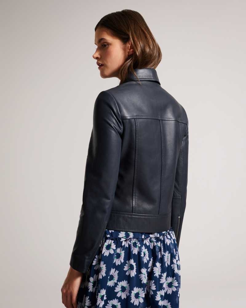 Dark Navy Ted Baker Ellaar Fitted Leather Biker Jacket Jackets | US0000231