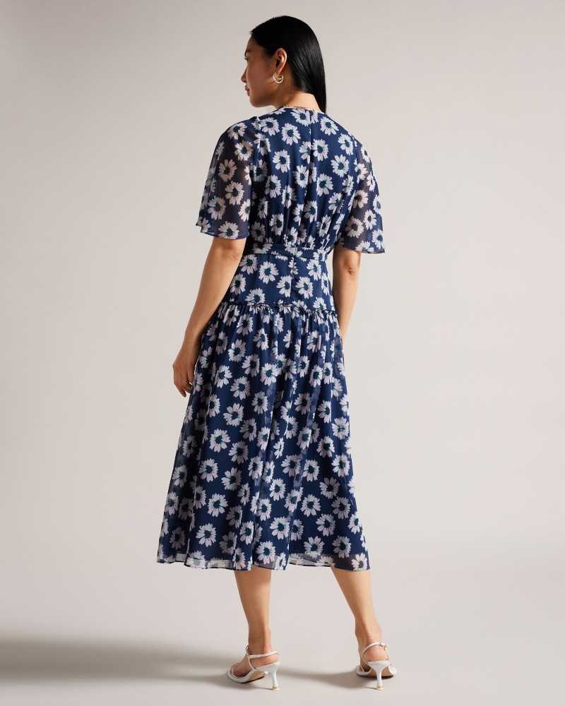 Dark Navy Ted Baker Marllee Floral Print Tiered Midi Dresses | US0000078