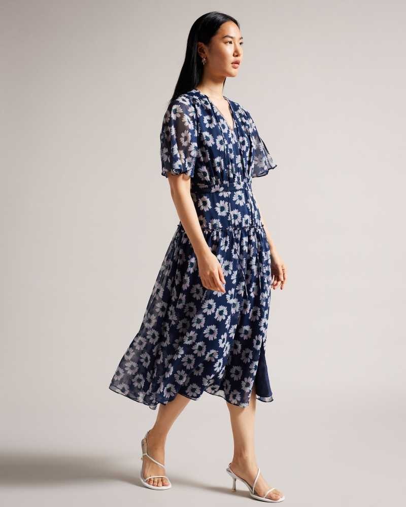 Dark Navy Ted Baker Marllee Floral Print Tiered Midi Dresses | US0000078