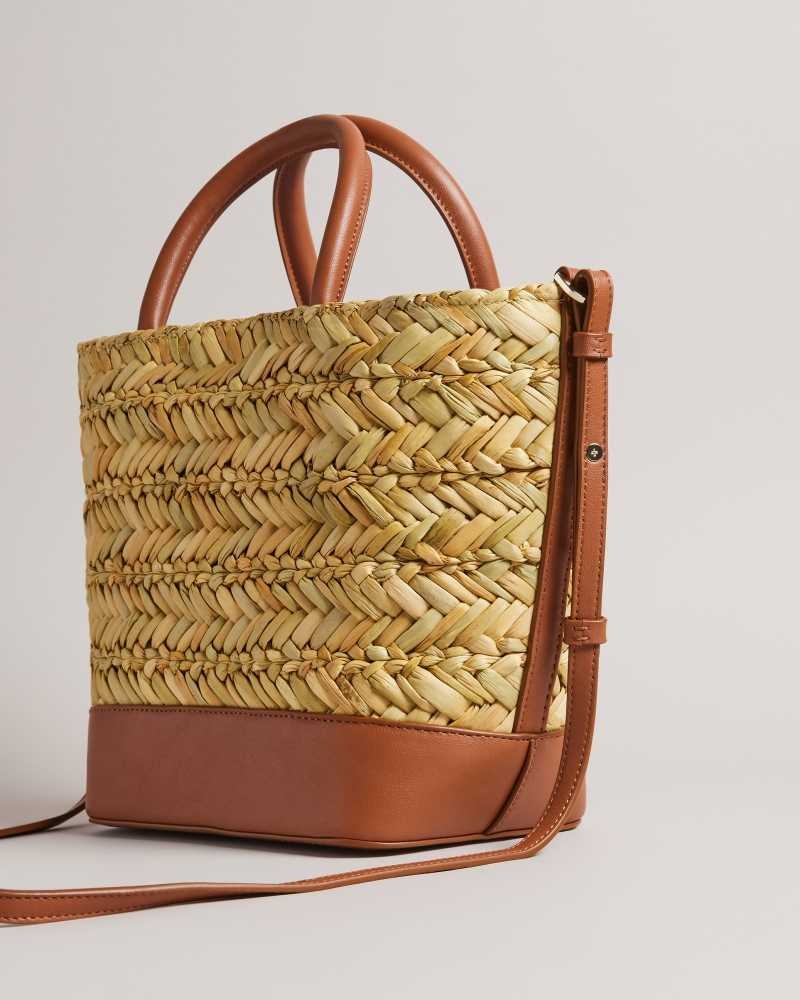 Dark Tan Ted Baker Ivelie Medium Raffia Basket Weave Tote Bag | US0001375