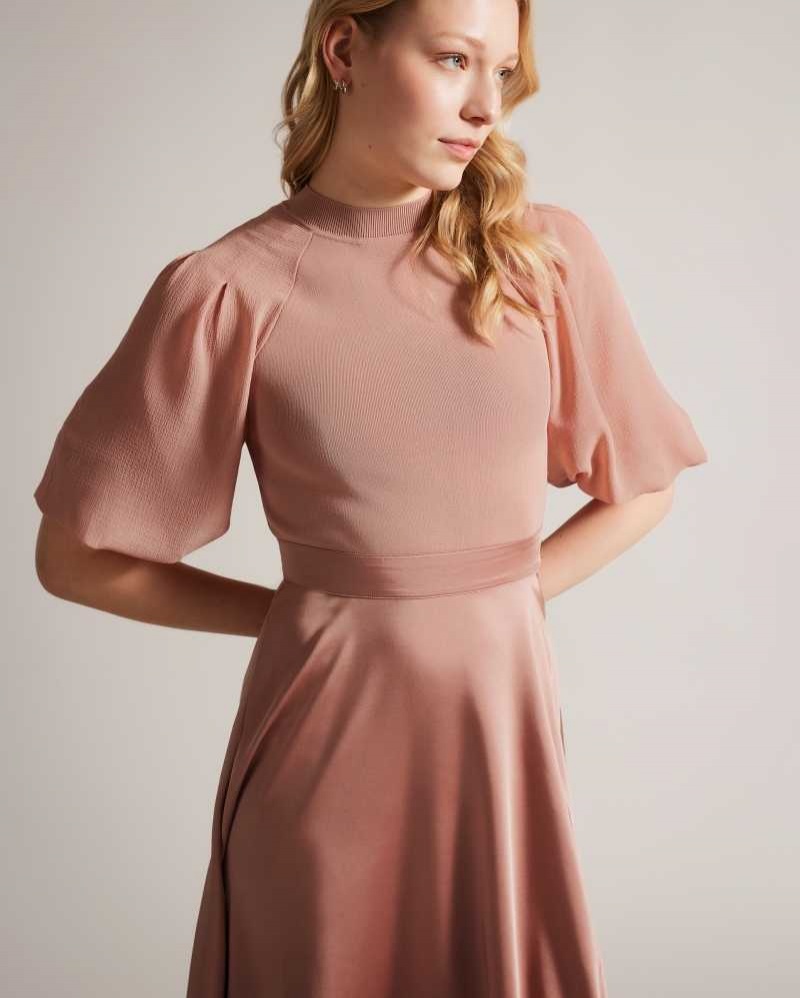 Dusky Pink Ted Baker Brontei Puff Sleeve Fitted Bodice Midi Dresses | US0000095