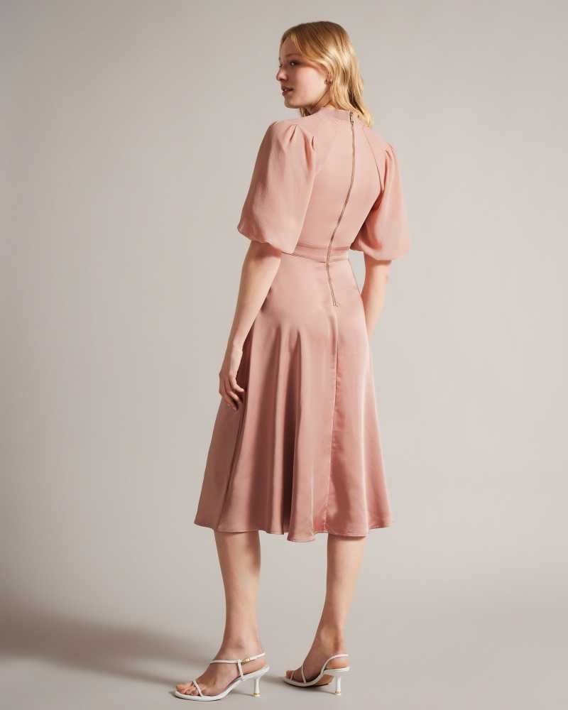 Dusky Pink Ted Baker Brontei Puff Sleeve Fitted Bodice Midi Dresses | US0000095