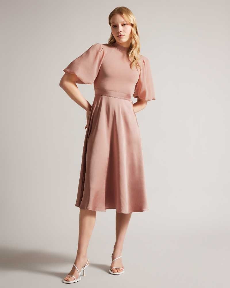 Dusky Pink Ted Baker Brontei Puff Sleeve Fitted Bodice Midi Dresses | US0000095