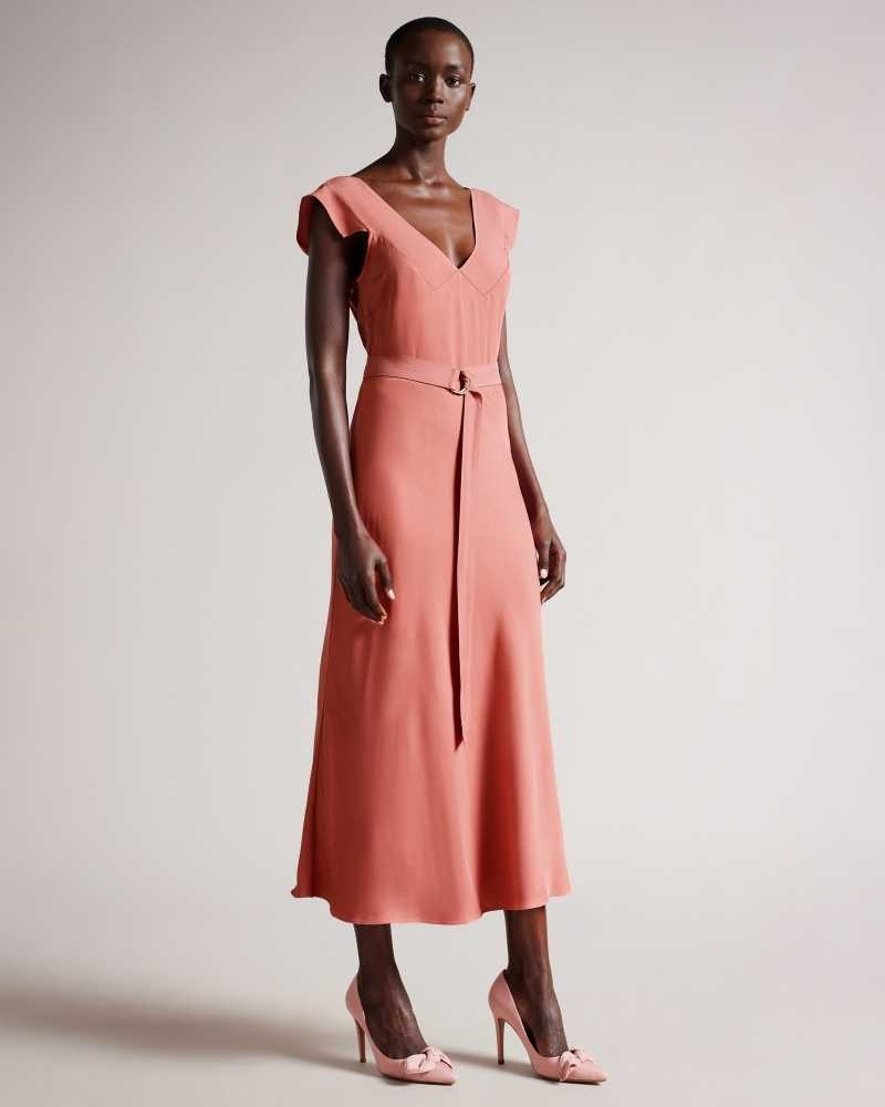 Dusky Pink Ted Baker Noemi V Neck Bias Cut Midi Dresses | US0000088