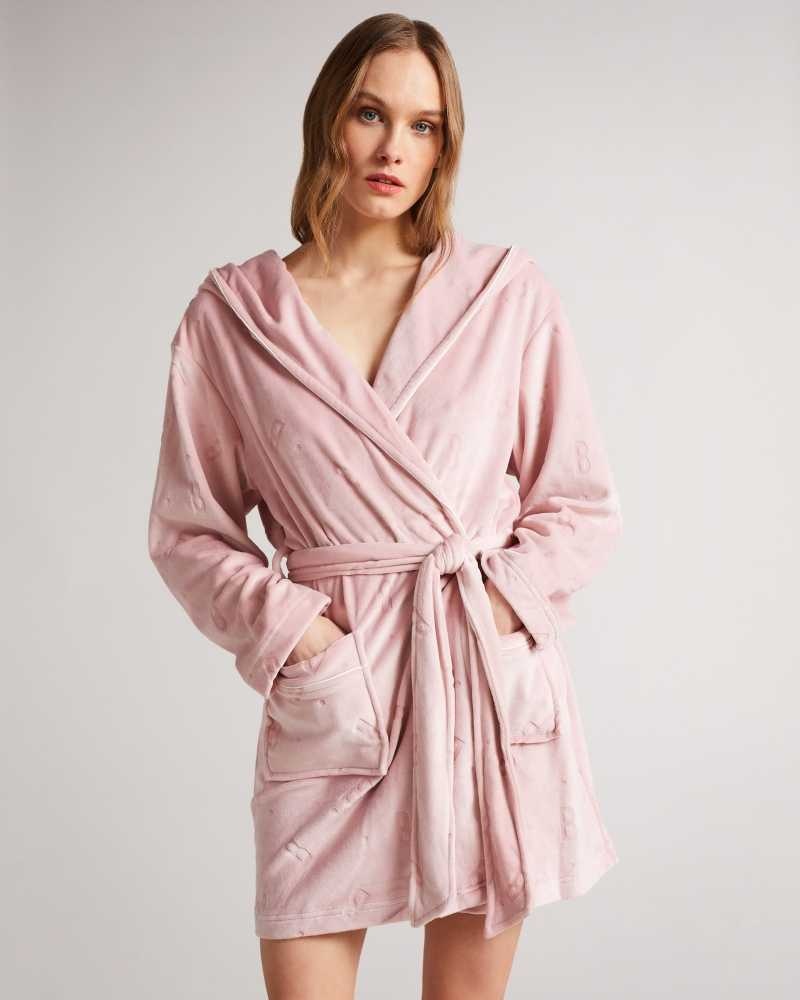 Dusky Pink Ted Baker Slepse Plush Hooded Dressing Gown | US0000474