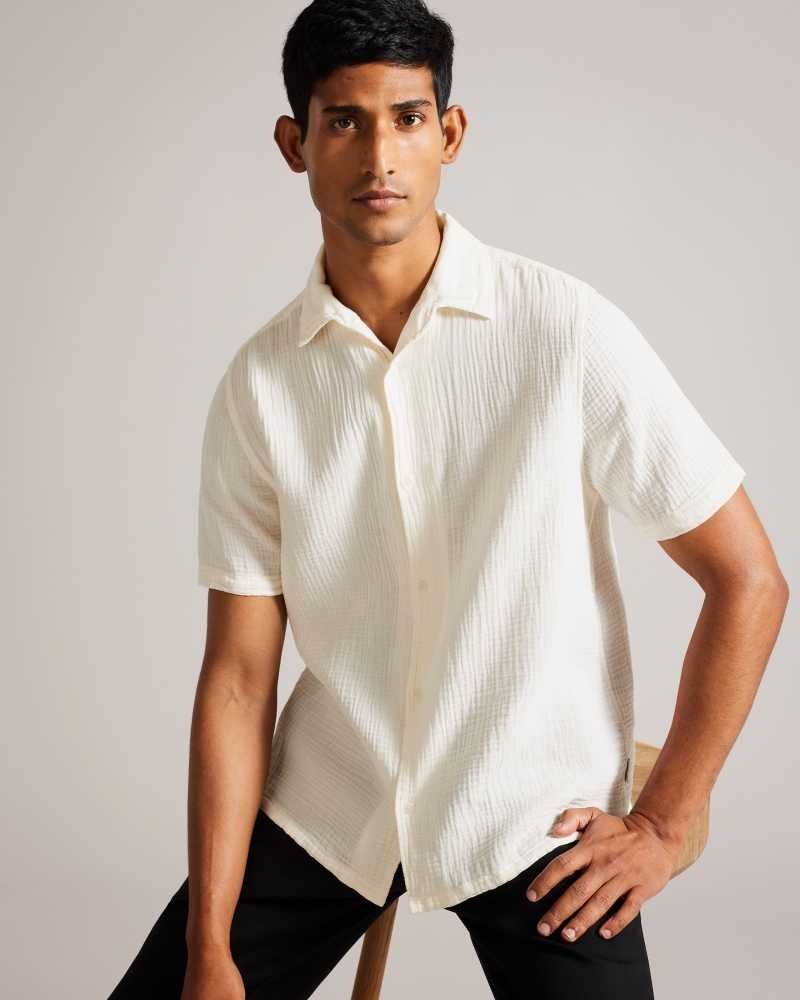 Ecru Ted Baker Digmer Short Sleeve Lightweight Textured Shirt | US0000646