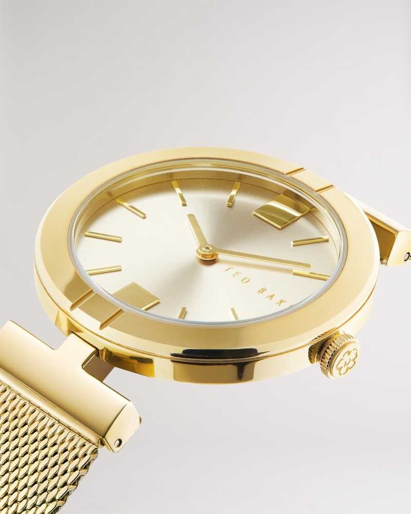 Gold Colour Ted Baker Darbs T Frame Mesh Strap Watch | US0002056