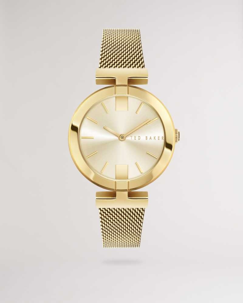 Gold Colour Ted Baker Darbs T Frame Mesh Strap Watch | US0002056