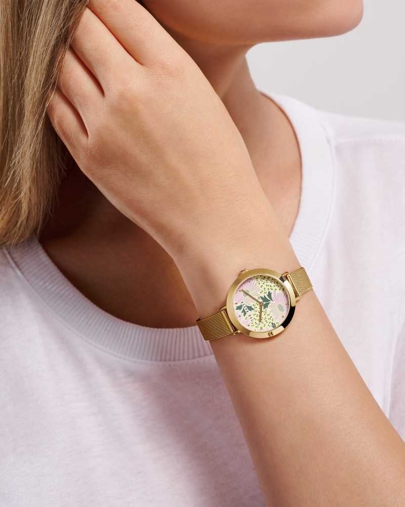 Gold Colour Ted Baker Lesedia Daisy Print Watch With Mesh Band | US0002049