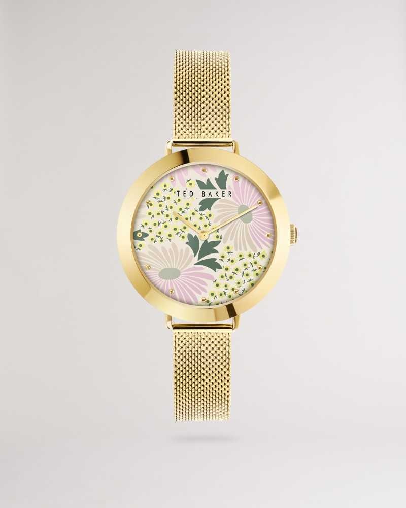 Gold Colour Ted Baker Lesedia Daisy Print Watch With Mesh Band | US0002049