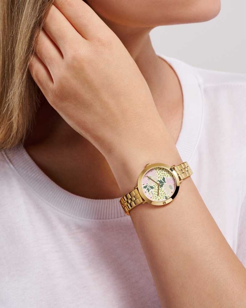 Gold Colour Ted Baker Lesedot Floral Dial Watch With Stainless Steel Bracelet | US0002048