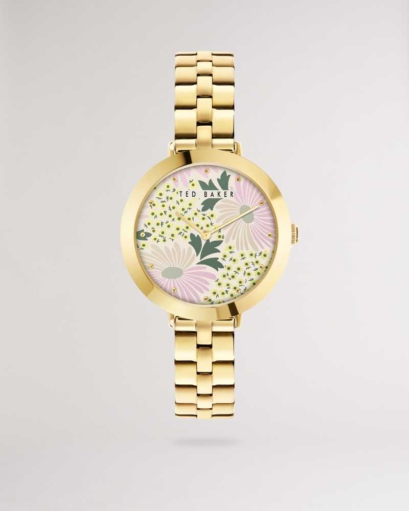 Gold Colour Ted Baker Lesedot Floral Dial Watch With Stainless Steel Bracelet | US0002048