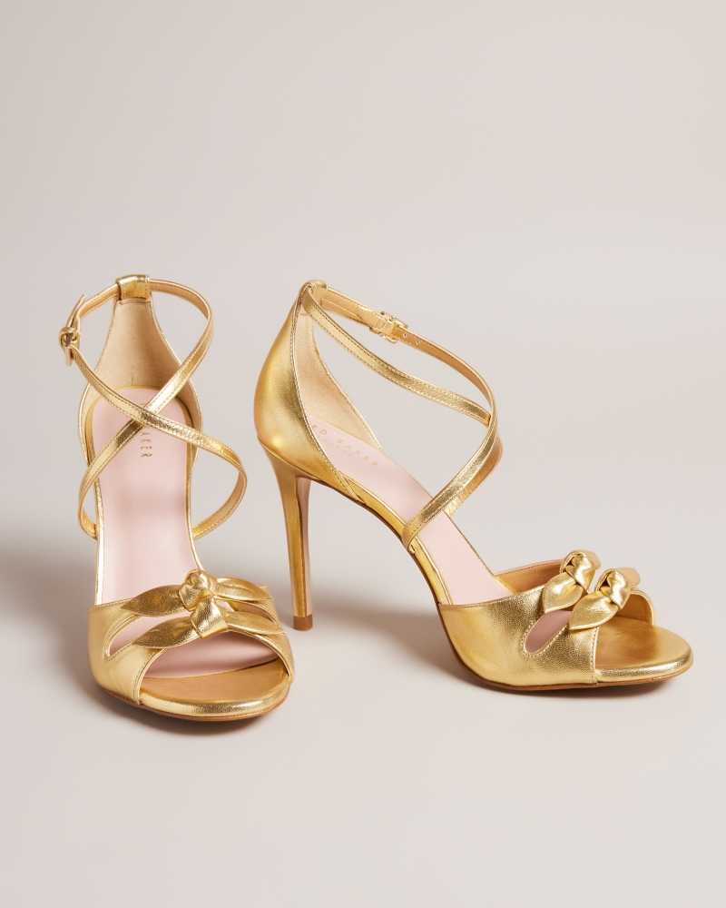 Gold Ted Baker Bicci Leather Bow Heeled Sandals | US0002131