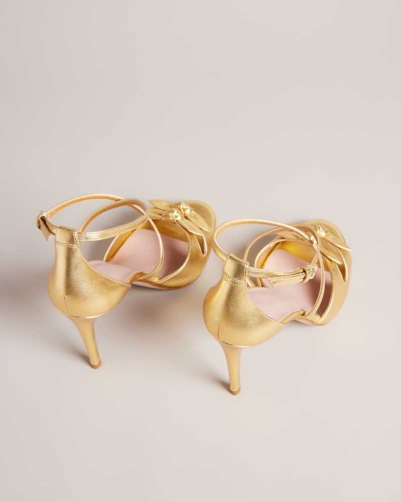 Gold Ted Baker Bicci Leather Bow Heeled Sandals | US0002131