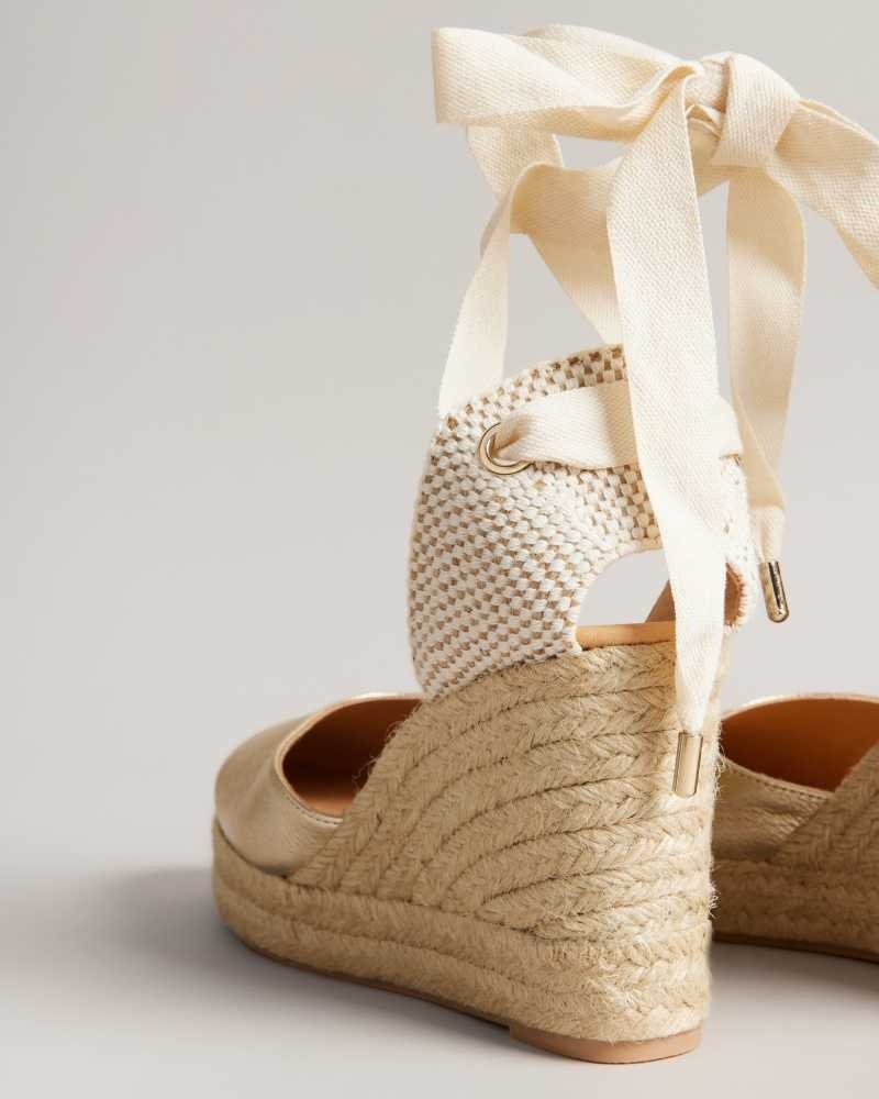 Gold Ted Baker Purita Leather Ribbon Tie Espadrille Wedges | US0002205