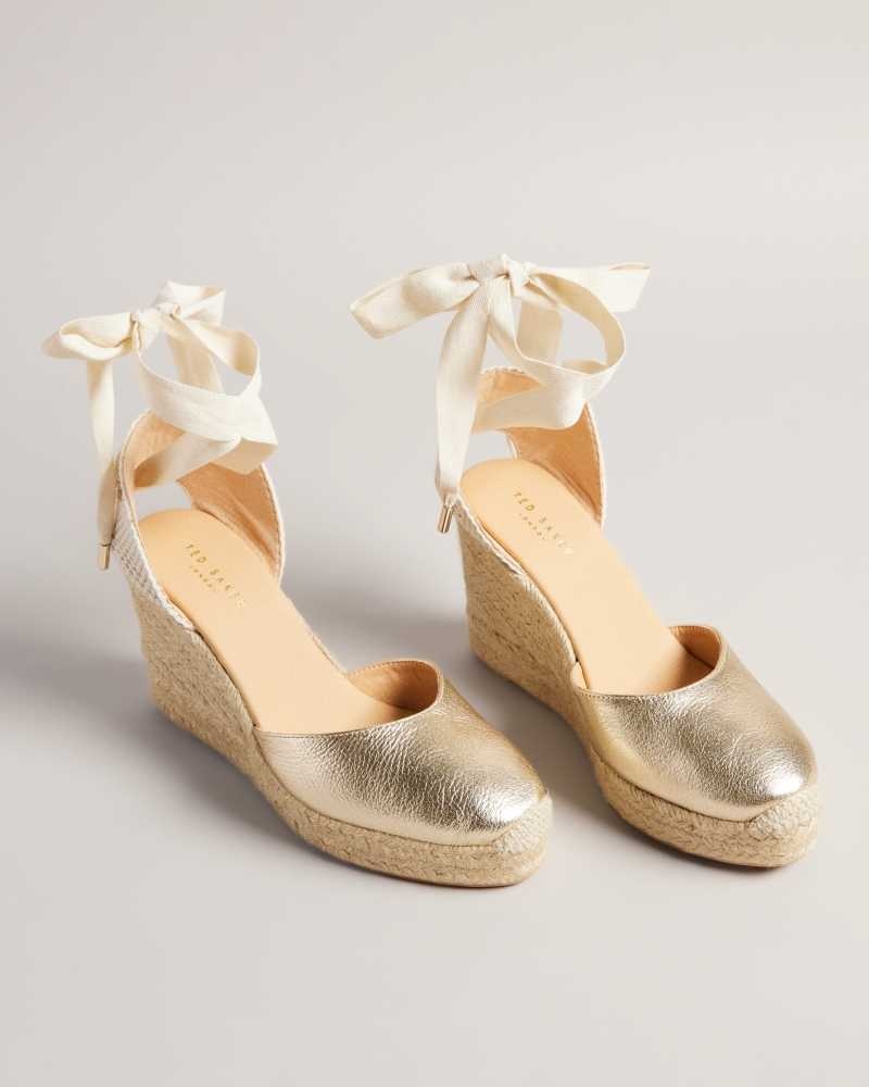 Gold Ted Baker Purita Leather Ribbon Tie Espadrille Wedges | US0002205