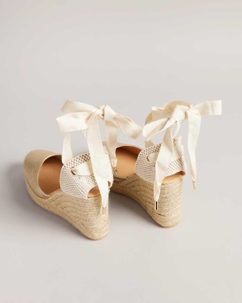 Gold Ted Baker Purita Leather Ribbon Tie Espadrille Wedges | US0002205