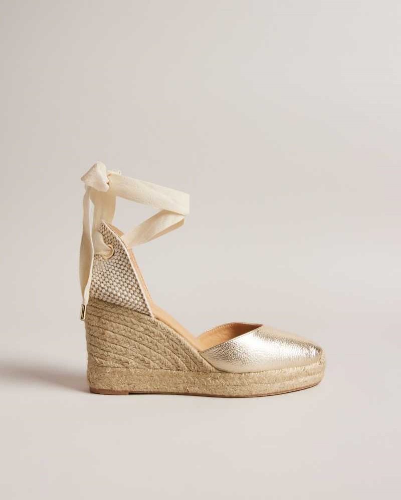 Gold Ted Baker Purita Leather Ribbon Tie Espadrille Wedges | US0002205